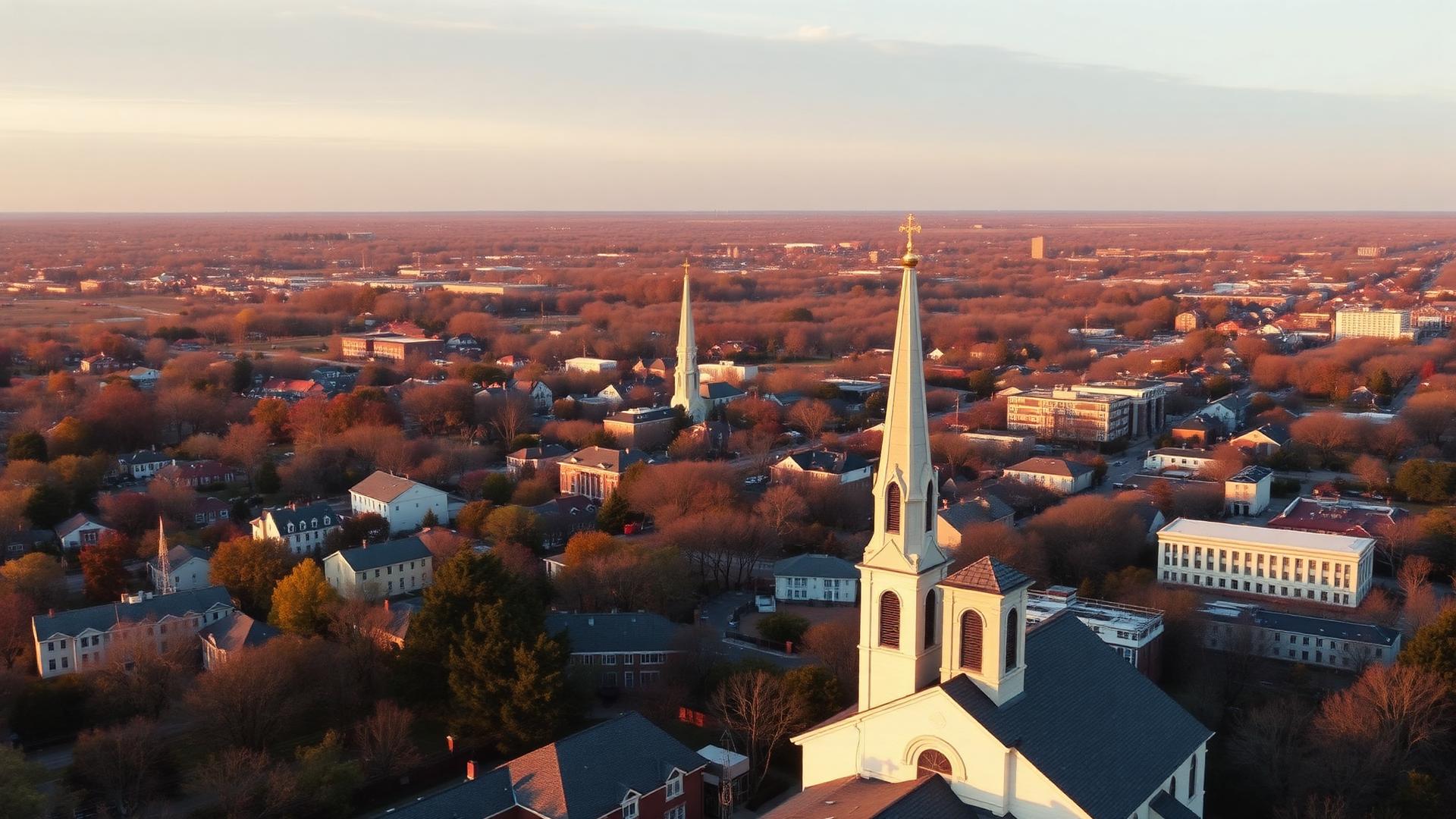 Aerial view of an American city at golden hour