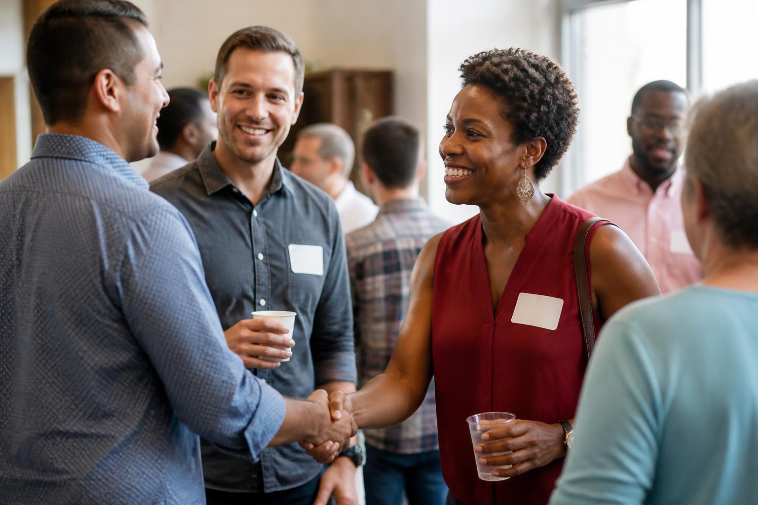 Local business owners meeting and shaking hands at a community networking event
